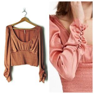 Free People Santiago Blouse long sleeve satin smocked bodice Cinnamon Pink